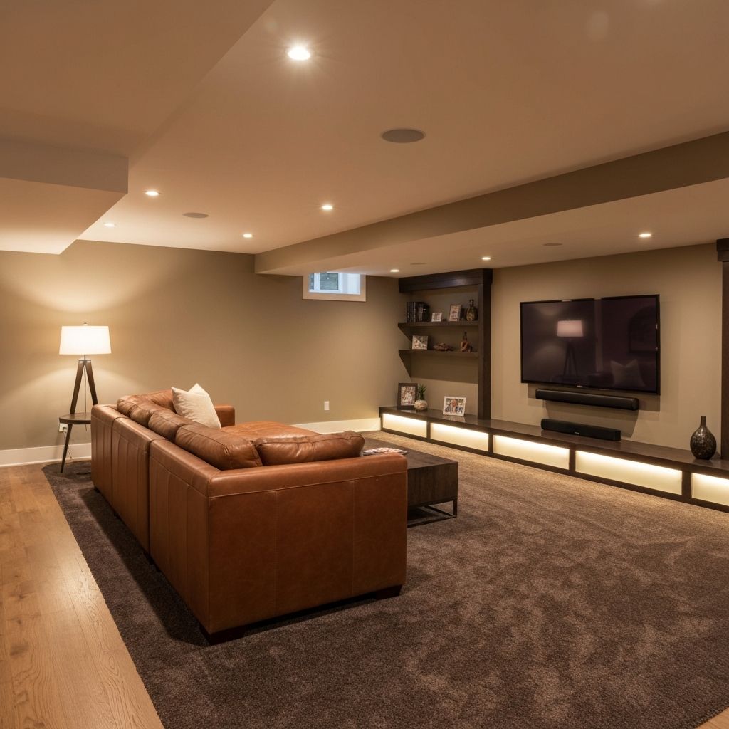 Beautifully finished basement living space with modern amenities