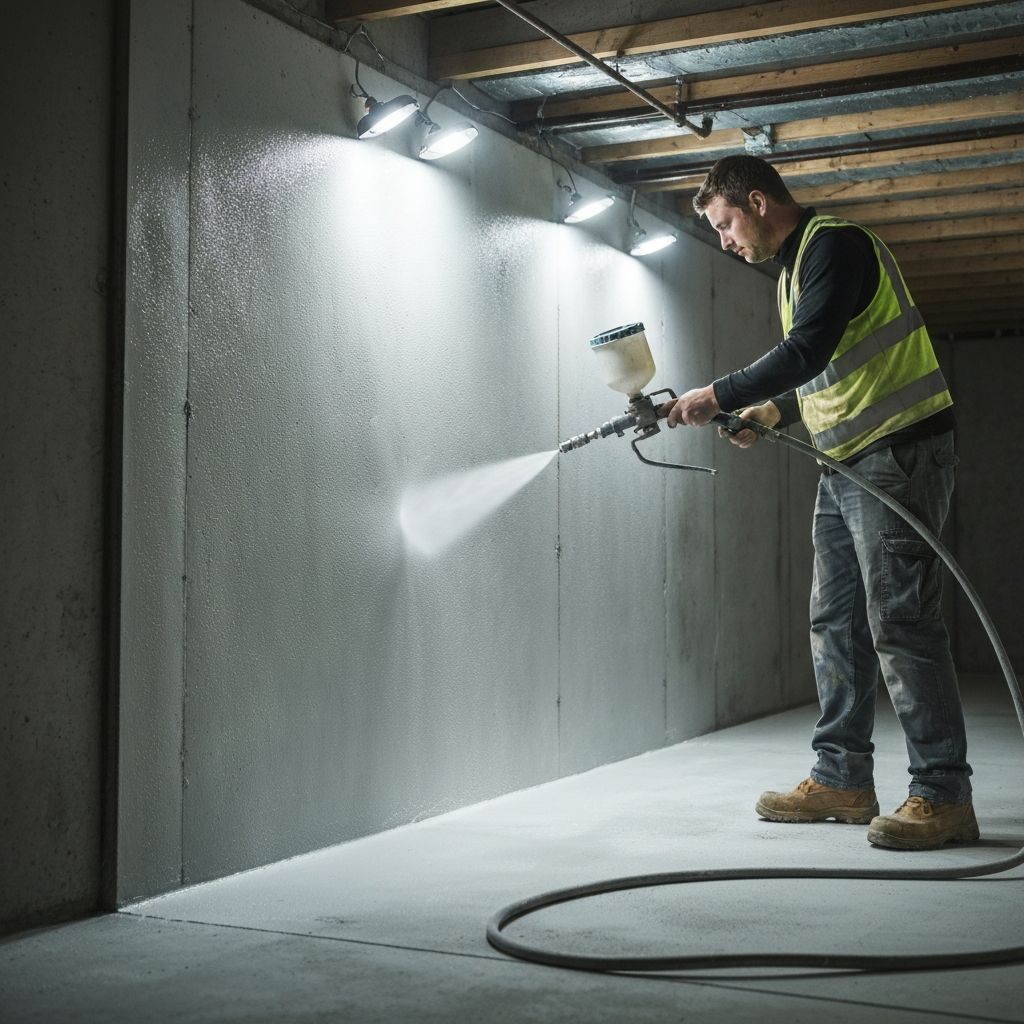 Professional applying waterproof sealant to basement walls