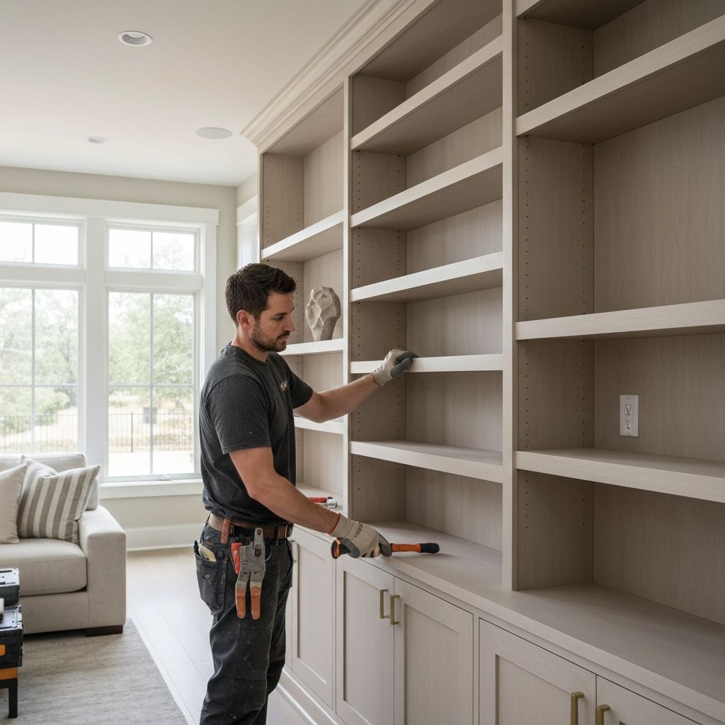 Professional craftsman installing custom built-in shelving