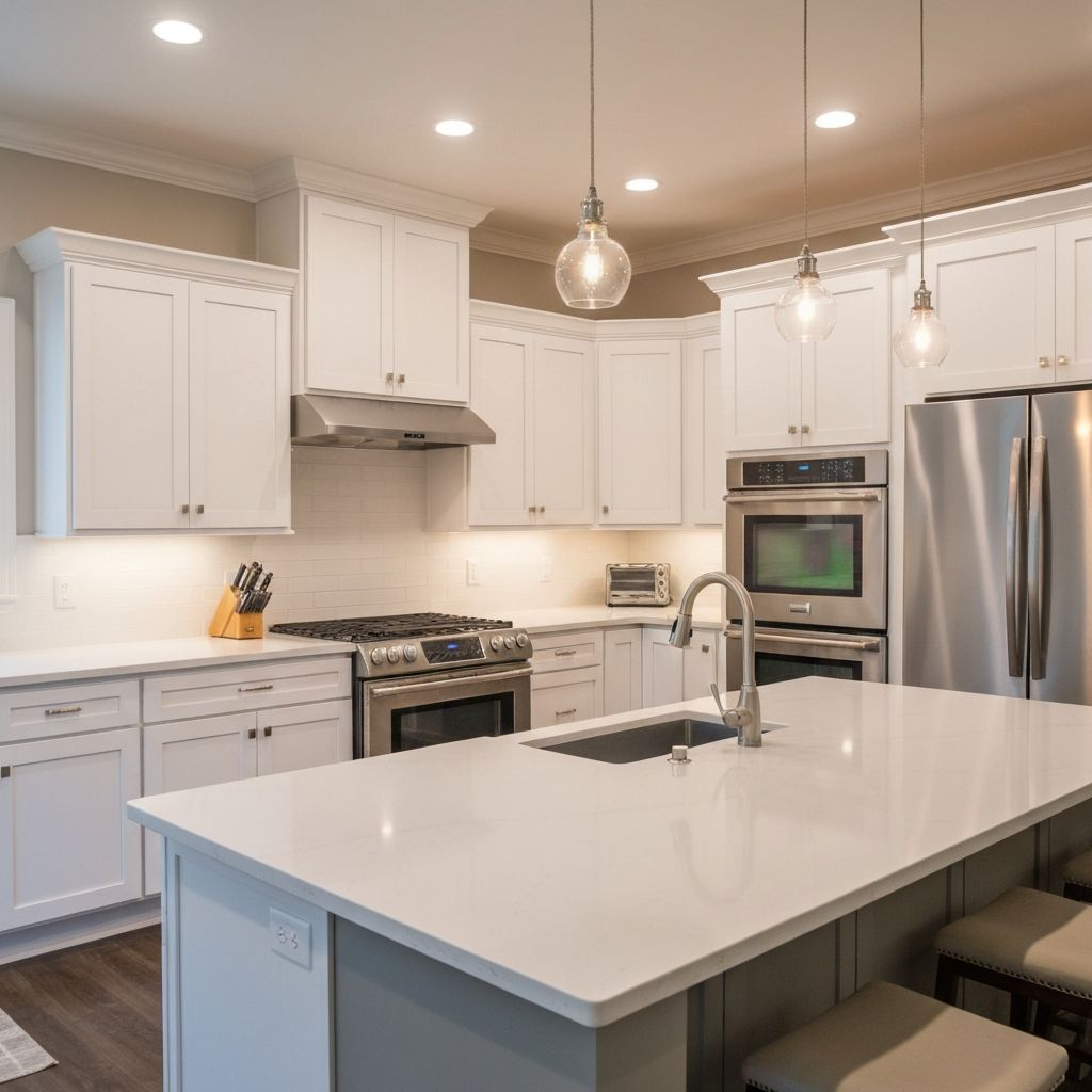 Beautiful modern kitchen remodel with white cabinets and quartz countertops