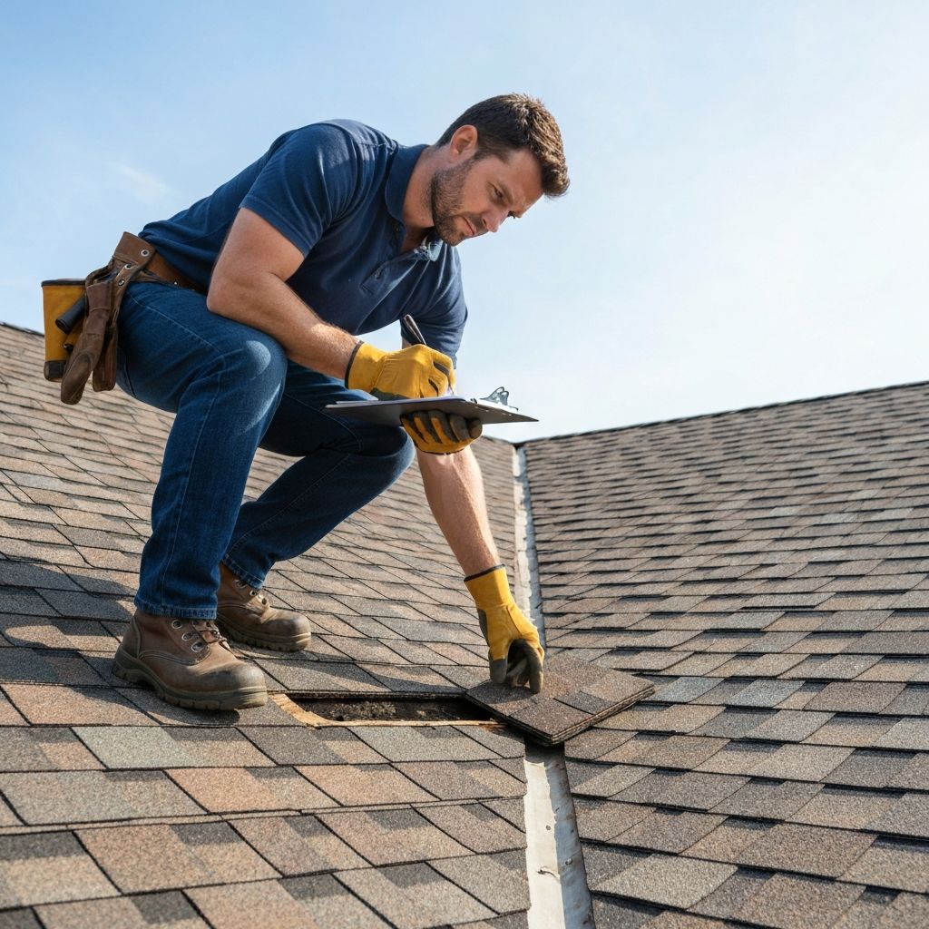 Professional roofer inspecting residential roof