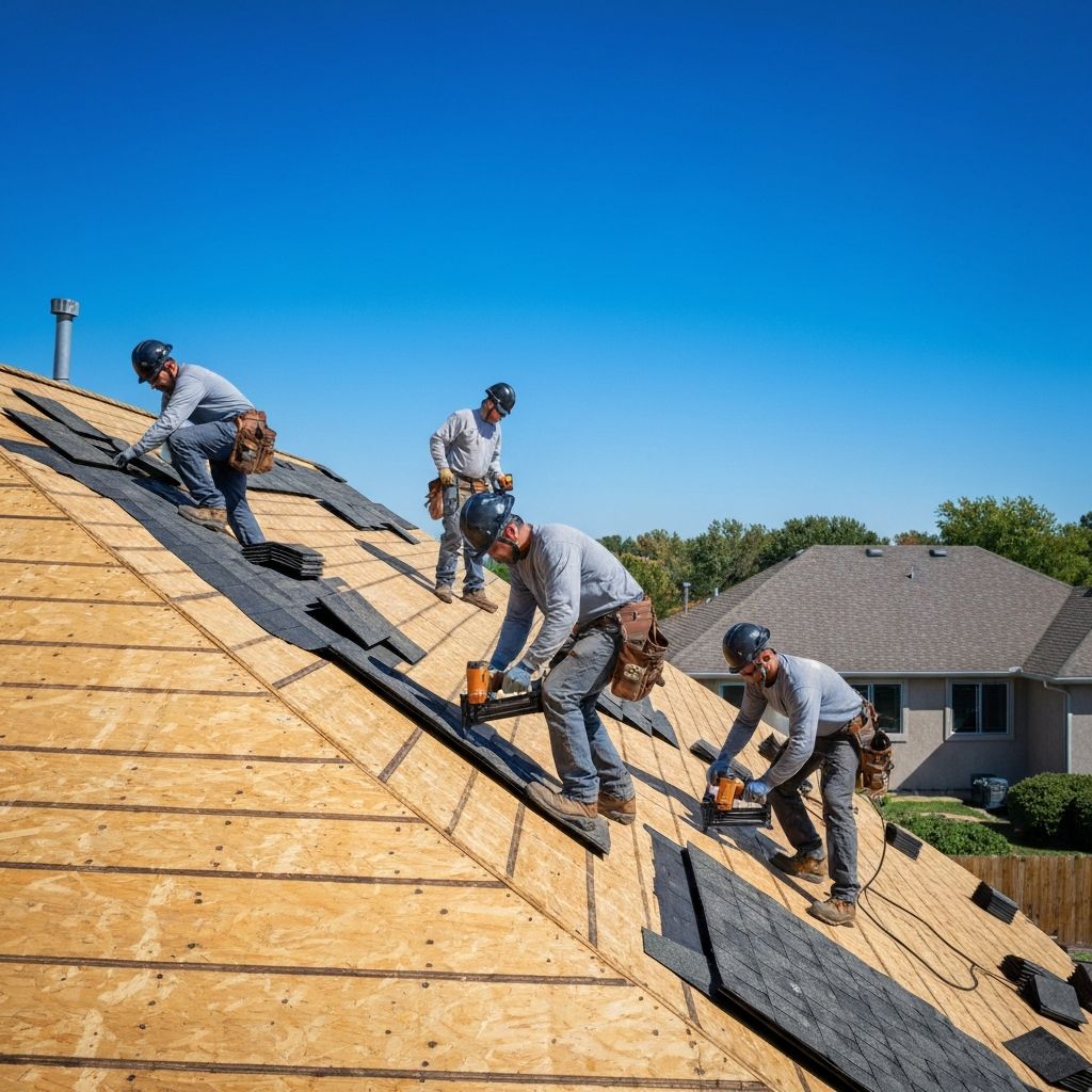 Professional roofer installing new shingles on residential roof