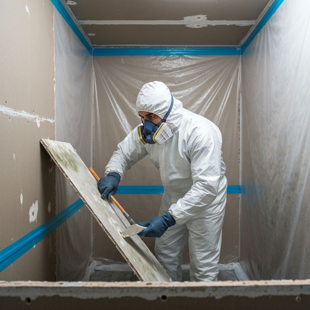 Professional technician in PPE performing mold remediation