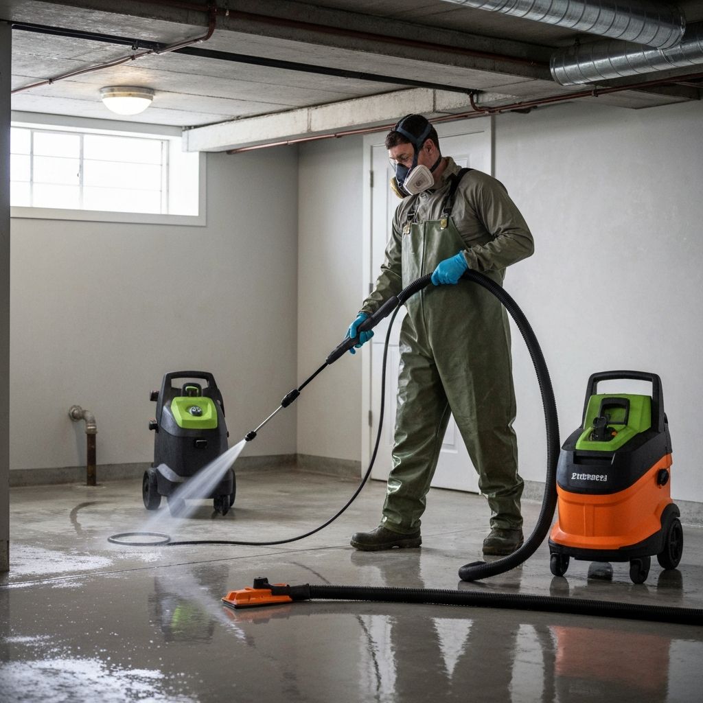Professional technician in PPE performing sewer backup cleanup