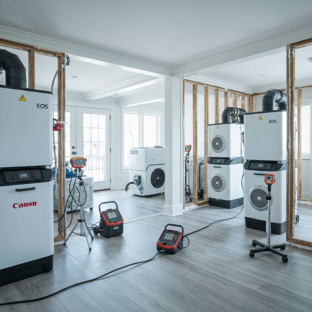 Industrial dehumidifiers and air movers set up for structural drying