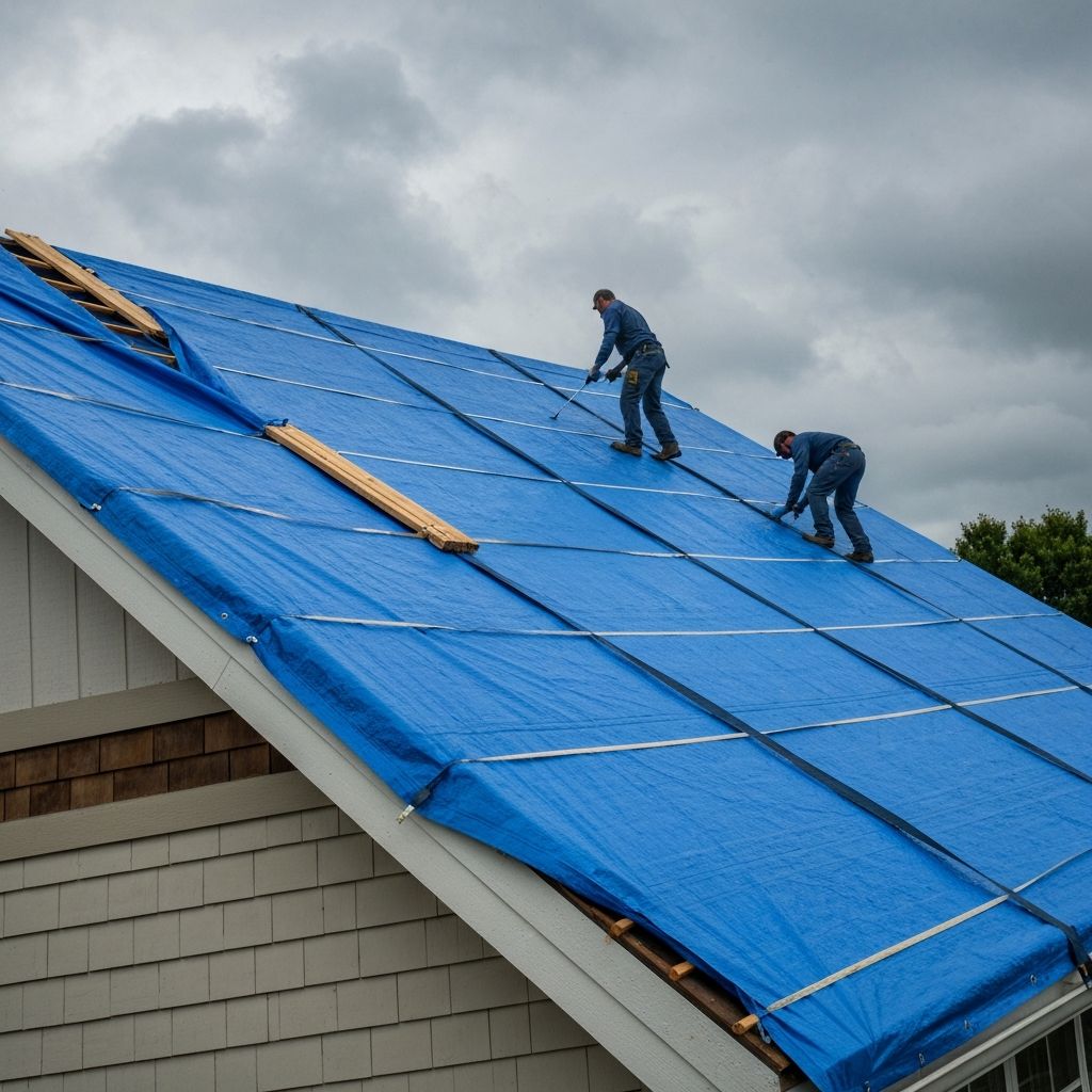 Emergency protective tarp installed on damaged residential roof